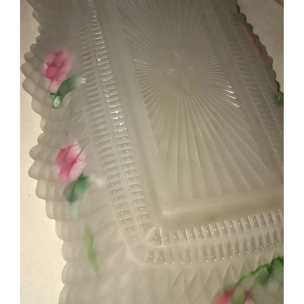Vintage Pink Roses Frosted Satin Glass Candy Trinket Dish Shabby Chic Cottage